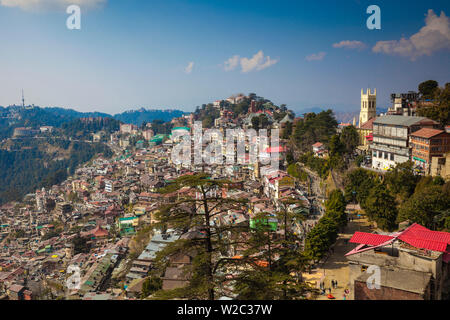 India, Himachal Pradesh, Shimla, View of  The Ridge and Christ Church, The Mall and in the distance The TV Tower Stock Photo