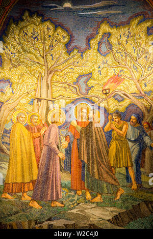Israel, Jerusalem, Mount of Olives, Church of All Nations, also known as the Church or Basilica of the Agony, Mosaic depicting biblical events in the Garden of Gethsemane Stock Photo