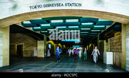 Tokyo, Japan - May 9, 2019: Tokyo Disneysea Station at Disneysea. Tokyo Disney Sea is a fantasy theme park in Tokyo Disney Resort. Stock Photo