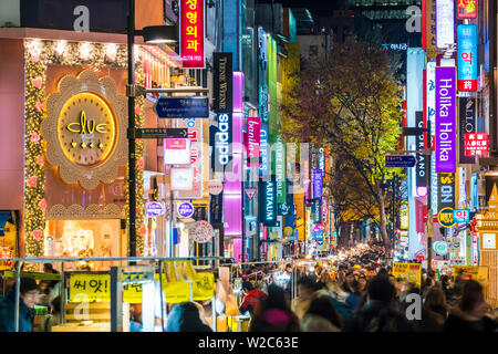 Myeong-Dong district at night. The location is the premiere district for shopping in the city Stock Photo