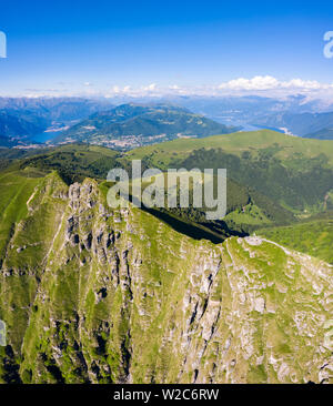 Aerial view of the Monte Generoso and Mario Botta's Fiore di Pietra restaurant. Rovio, Lake Ceresio, Canton Ticino, Switzerland. Stock Photo