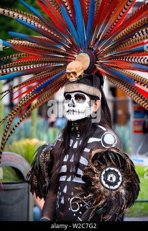 Mexico, Mexico City, Aztec Dancer, Danza Azteca, Headdress, Penacho, Plume, Day Of The Dead Face Paint Stock Photo