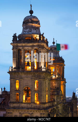 Mexico, Mexico City, Bell Towers, Metropolitan Cathedral, Mexican Flag Stock Photo