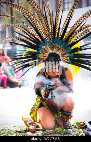 Mexico, Mexico City, Aztec Dancer, Danza Azteca, Headdress, Penacho, Spiritual Cleansing, Performance Stock Photo