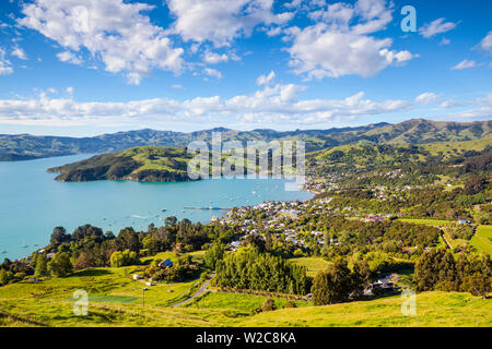 Elevated view over Akaroa, Banks Peninsular, Canterbury, South Island, New Zealand Stock Photo