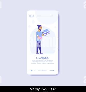 Online education concept. Isometric illustration with mobile template for app. People with book and computer for training courses, tutorials, lectures Stock Vector
