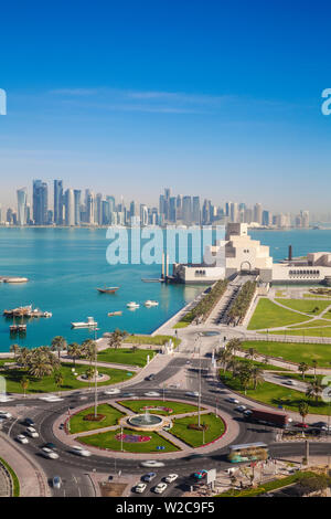 Qatar, Doha, Traffic at roundabout infont of the Museum of Islamic Art Stock Photo