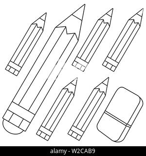 Colored Pencils and Eraser. Vector Black and White Coloring Page