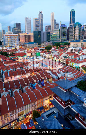 Elevated view over Chinatown, the new  Buddha Tooth Relic temple and modern city skyline, Singapore, Asia Stock Photo