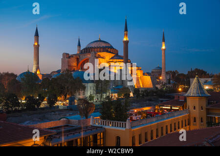 Turkey, Istanbul, View of Four Seasons Hotel roof terrace and Haghia Sophia, - Aya Sofya Mosque Stock Photo