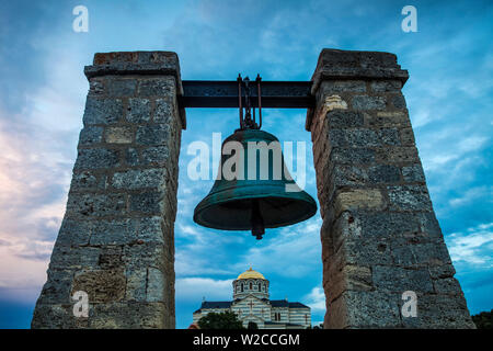 Ukraine, Crimea, Sevastopol, Khersoness, Fog bell - which comes from a Crimean War cannon. Stock Photo