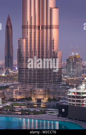 UAE, Dubai, Downtown Dubai, Burj Khalifa, world's tallest building as of 2016, elevated view, dawn Stock Photo