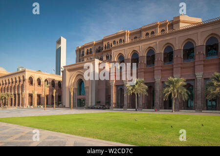 UAE, Abu Dhabi, Emirates Palace Hotel and ADNOC Tower Stock Photo