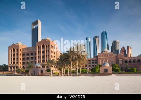 UAE, Abu Dhabi, skyline, ADNOC Tower, Emirates Palace Hotel, and Etihad Towers Stock Photo