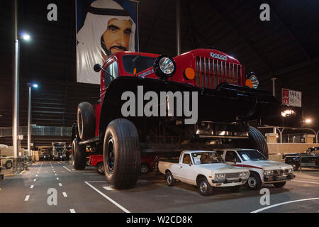 UAE, Abu Dhabi, Shanayl, Emirates National Car Museum, car collection of Sheikh Hamad Bin Hamdan Al Nahyan, also known as The Rainbow Sheikh, Dodge Power Wagon monster truck on mining truck chassis Stock Photo