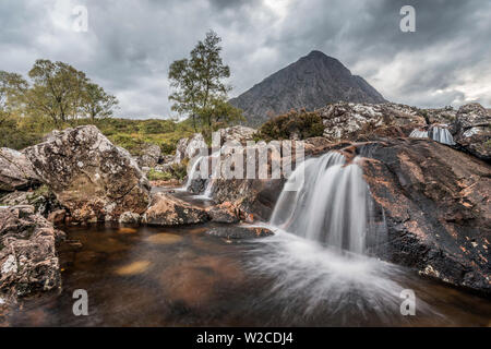 UK, Scotland, Highland, Glen Coe, River Coupall, Coupall Falls and Buachaille Etive Mor Stock Photo