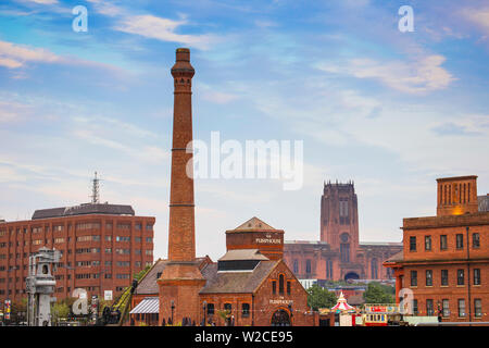 United Kingdom, England, Merseyside, Liverpool, Albert Docks, View of The Pump House with Liverpool Cathedral in distance Stock Photo