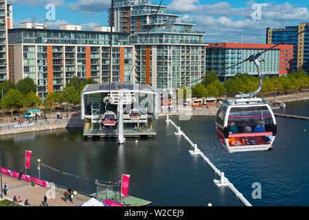 UK, England, London, Royal Victoria Dock from the Emirates Air Line or Thames Cable Car over River Thames, from Greenwich Peninsula to Royal Docks Stock Photo