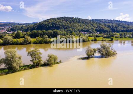 Mouth of the Isar, in front, into the Danube, mouth of the Isar at high water, near Deggendorf, drone shot, Lower Bavaria, Bavaria, Germany Stock Photo