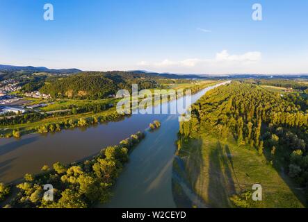 Mouth of the river Isar, right, into the Danube, mouth of the river Isar, near Deggendorf, drone shot, Lower Bavaria, Bavaria, Germany Stock Photo