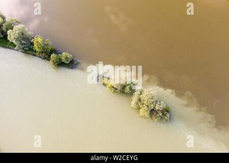 Mouth of the Isar, in front, into the Danube, mouth of the Isar at high water, near Deggendorf, drone shot, Lower Bavaria, Bavaria, Germany Stock Photo