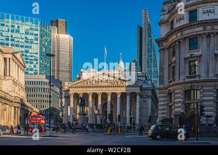 UK, England, London, The City, Bank of England (left) and the Royal Exchange, Tower 42 (formerly NatWest Tower) and The Cheesegrater (122 Leadenhall Street) in background Stock Photo