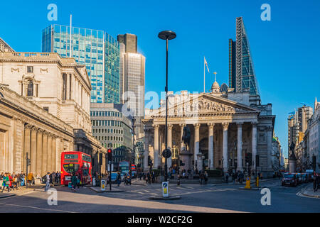 UK, England, London, The City, Bank of England (left) and the Royal Exchange, Tower 42 (formerly NatWest Tower) and The Cheesegrater (122 Leadenhall Street) in background Stock Photo