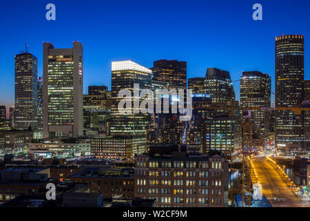 USA, Massachusetts, Boston, elevated city skyline from South Boston, dusk Stock Photo