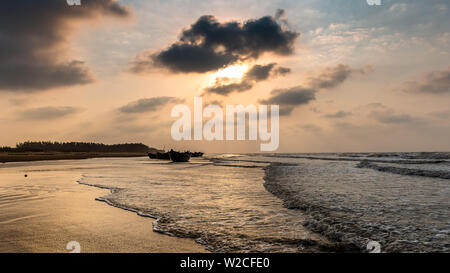 Silhouette Boats anchored on the sea Beach at Digha beach. Stock Photo