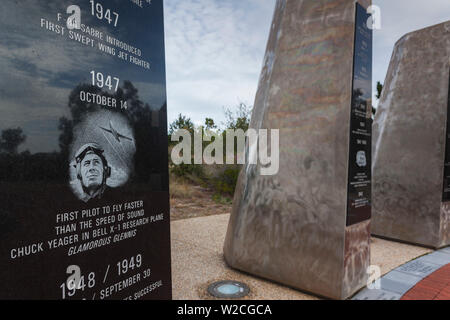 USA, North Carolina, Kitty Hawk, Monument to a Century of Flight, marker for Chuck Yeager, first man to fly at supersonic speed in 1947 Stock Photo