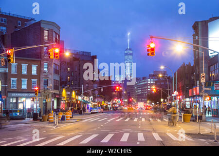 One World Trade Center from 7th  Avenue, Greenwich Village, Manhattan, New York City, New York, USA Stock Photo