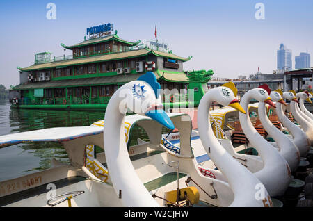 Vietnam, Hanoi, Tay Ho, West Lake, floating restaurant and swan boats Stock Photo