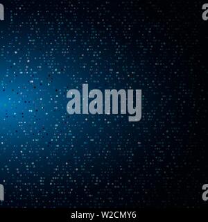 Abstract halftone illuminated glowing particles consists of random dots blue neon color background. Digital explosion. Futuristic technology concept. Stock Vector