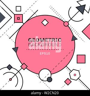 Abstract pink and gray geometric and dash lines composition on white background with space for text. Circles, squares, triangles, hexagon, elements. V Stock Vector