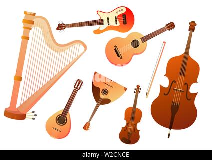 Set of stringed musical instruments. Collection of balalaika, harp, double bass, violin, guitar. Design layout for banners presentations, flyers Stock Vector