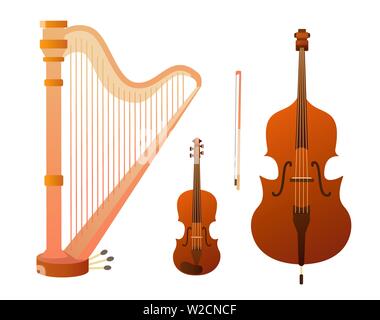 Set of stringed musical instruments. Collection of balalaika, harp, double bass, violin, guitar. Design layout for banners presentations, flyers Stock Vector