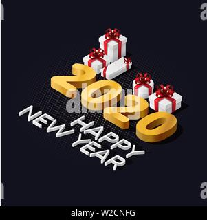 2020 isometric Happy New Year and gift box. Greeting card, invitation. Vector illustration Stock Vector