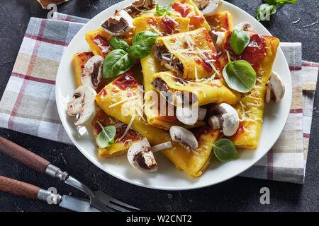 rolls of crepes with parmesan and mushrooms filling on a white plate on a concrete table with tomato sauce, close-up Stock Photo