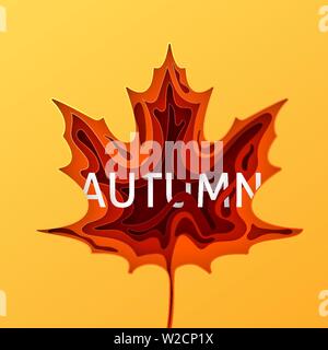 Paper art cartoon abstract waves. Autumn paper carve background. The maple leaf which is cut out from paper. Modern origami design template. Vector Stock Vector