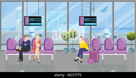 People in the airport waiting for their flight Vector flat style. Tourist sitting on the chairs. Time table screens on background Stock Vector