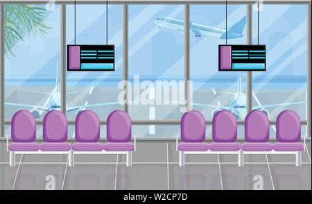Airport waiting room at the gates with screen Vector flat style. Airplane view. Tourism travel concept background Stock Vector