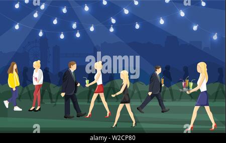 Night party people Vector flat style. Man and women having fun drinking cocktails Stock Vector