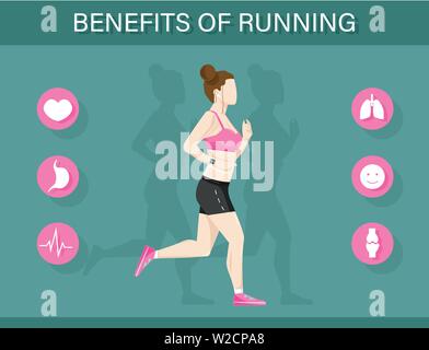 Running benefits template infographic with a woman and icons layout Vector flat style Stock Vector