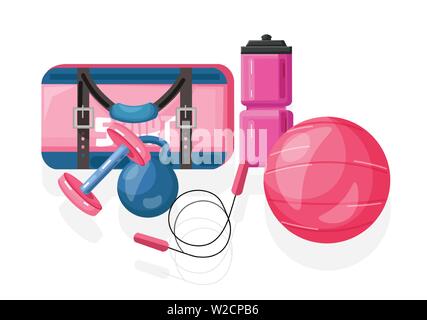 Sport equipment Vector flat style. Pink ball and bag with drinking water can and weights set illustration Stock Vector