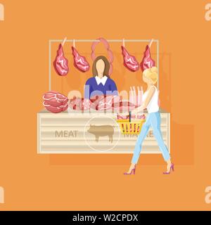 Woman shopping meat Vector flat style. Fresh farm product Stock Vector