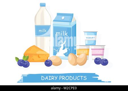 Farm fresh dairy Vector shopping stands. Milk, yogurt, cheese and eggs illustration Stock Vector