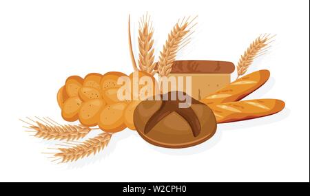 Bakery Vector. Bread, bread roll, croissant Front view detailed illustration Stock Vector