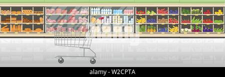 Supermarket stands with food products Vector flat style. Cashier front desk in the market. Shopping grocery and meat front view Stock Vector