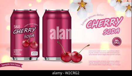 Cherry soda aluminium bottles Vector realistic mock up. Product placement aluminium bottles. 3d illustration Stock Vector