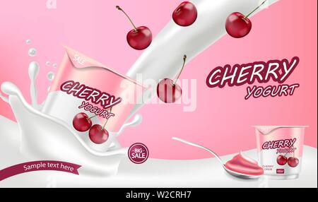 Cherry yogurt Vector realistic. Product placement mock up. Label design. Milk splash. Detailed 3d illustration Stock Vector